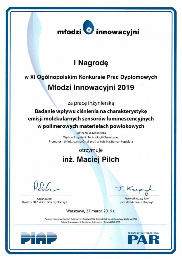 Maciej Pilch BSc Thesis received 1st place in the Młodzi Innowacyjni 2019 competition